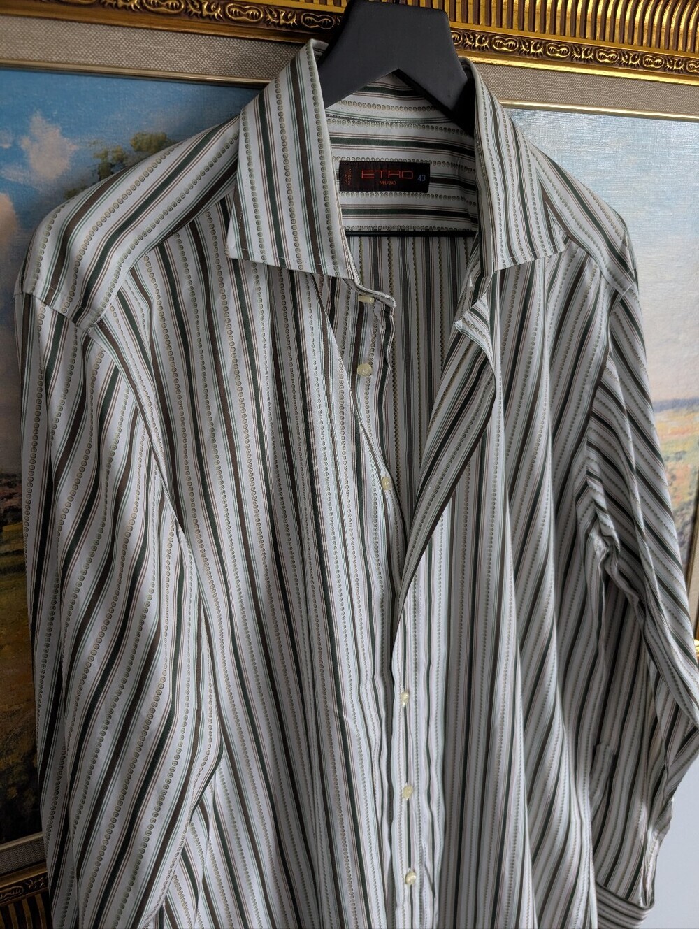 Etro White Shirt Green Brown Stripes 43